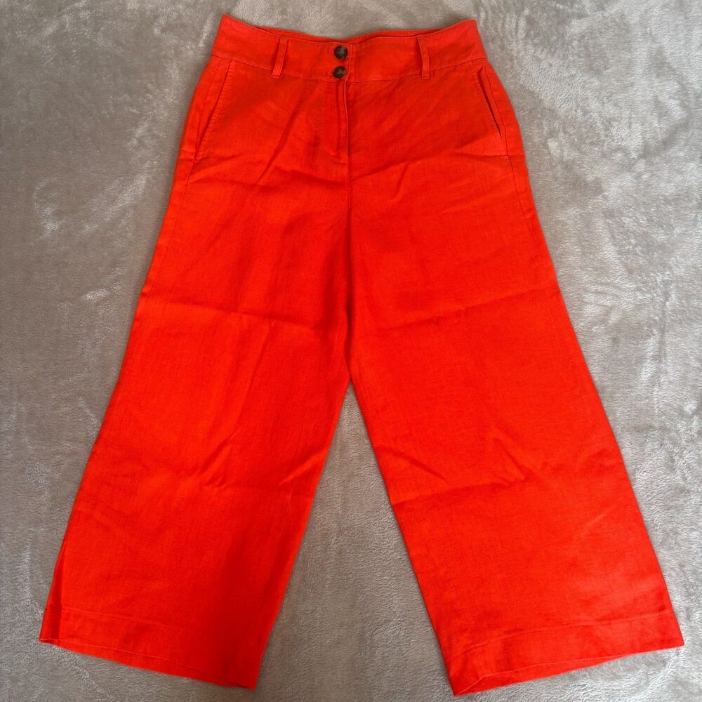 Boden Linen Wide Leg Crop Pants Womens 6 Orange Red High Rise Chic Dopamine